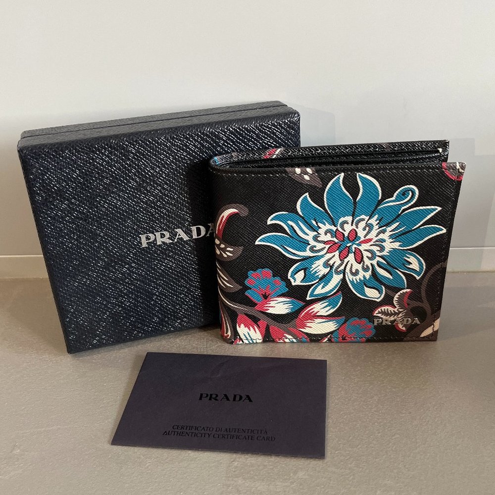 Prada Ramage Nero Saffiano Floral Bifold Wallet